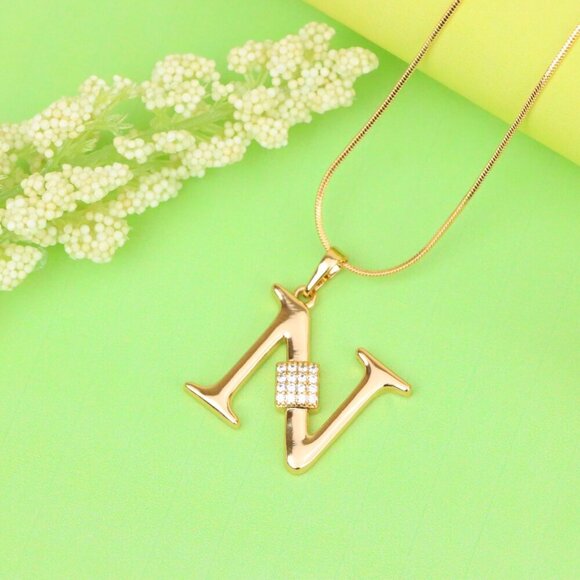 "Rose Gold N Initial Pendant with Dazzling CZ Crystals, XPPT1425 - Picture 3 of 12